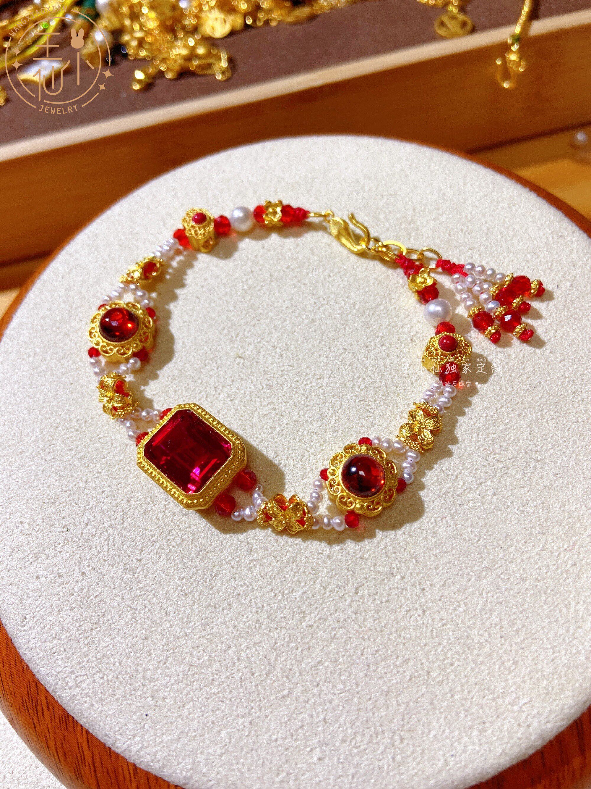 999足金古法金宫廷花丝红樱古风手工珍珠流苏手链女士宝石手串