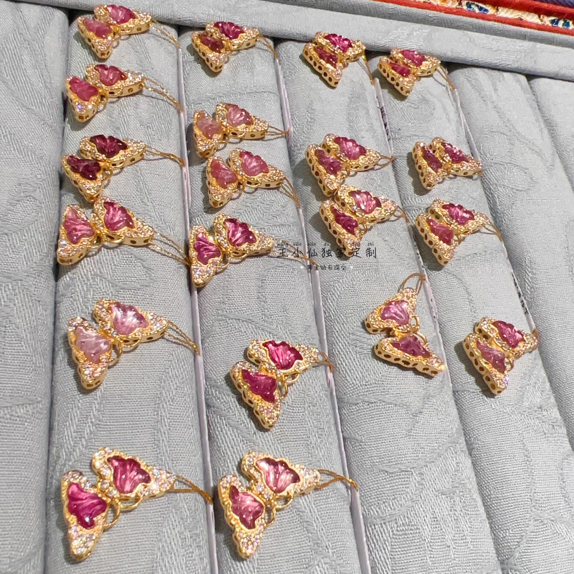 足金999手工古法金莫桑石天然糖果色碧玺蝴蝶串珠手串手链配件