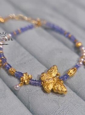 足金999古法金錾刻金工艺福寿蝴蝶天然薰衣草紫色宝石珍珠手链女