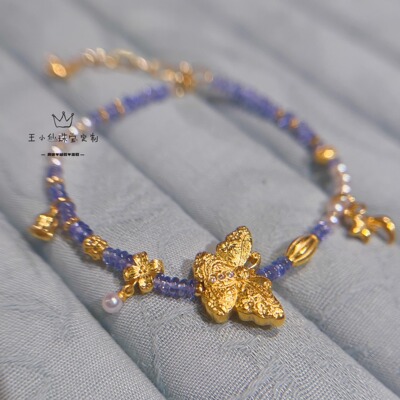 足金999古法金錾刻金工艺福寿蝴蝶天然薰衣草紫色宝石珍珠手链女