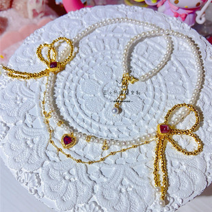 足金2mm镭射金珠蝴蝶结粉色碧玺方糖3mm天然淡水珍珠爱心流苏项链