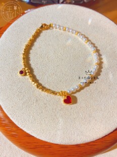 999足金手工古法金菱形烧蓝爱心红宝石天然淡水珍珠手链女