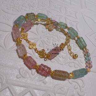 足金999古法金招财如意花片四叶草天然梦幻人鱼姬回纹碧玺手链