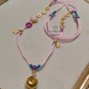足金999手工古法金金坨坨锁包吊坠女士粉色爱心招财编绳项链