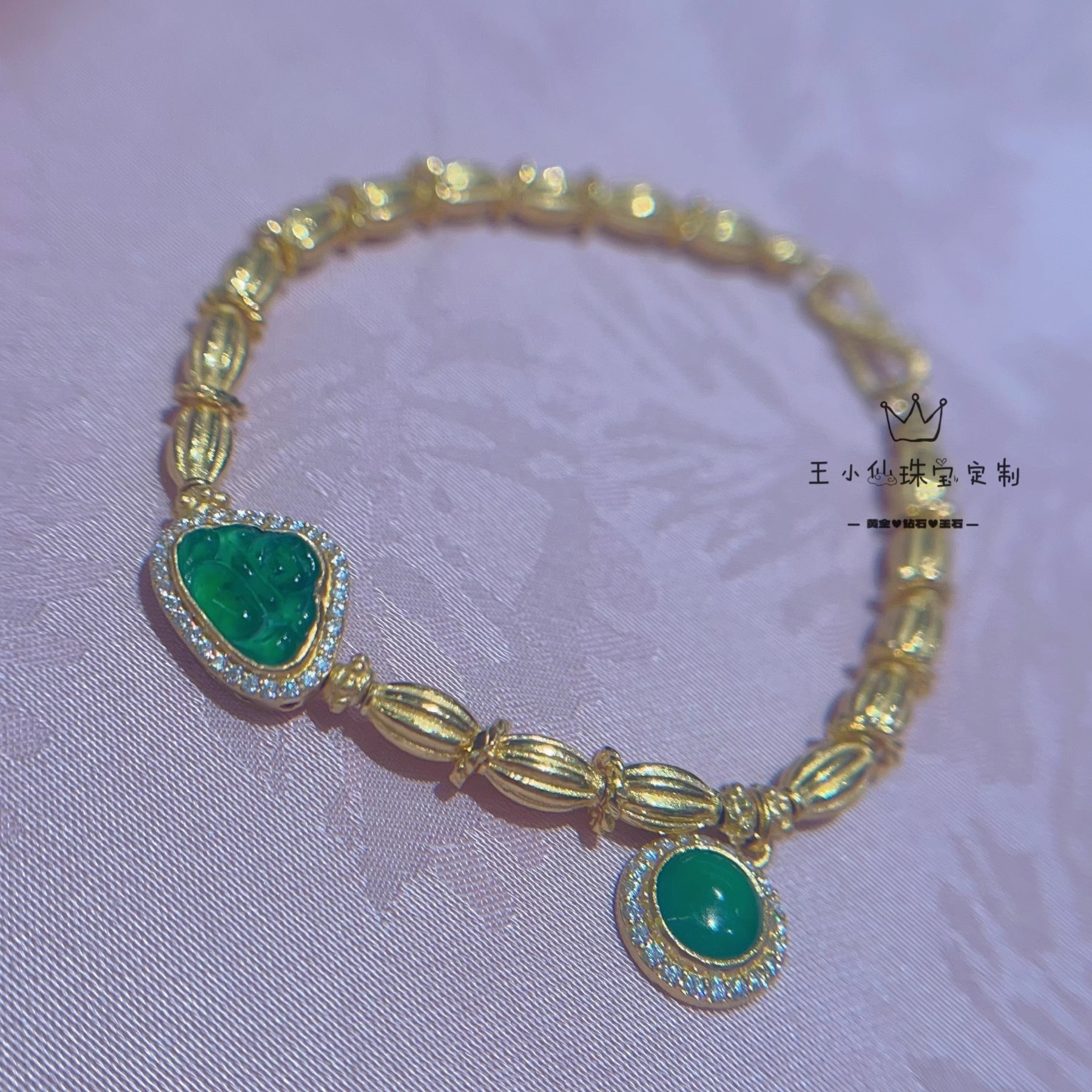 足金999古法金黄金米粒麻花圈手链女天然翡翠危料弥勒佛蛋面莫桑
