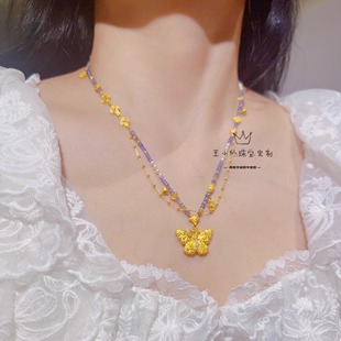 足金999古法金錾刻金工艺福寿蝴蝶天然薰衣草紫色宝石珍珠项链女