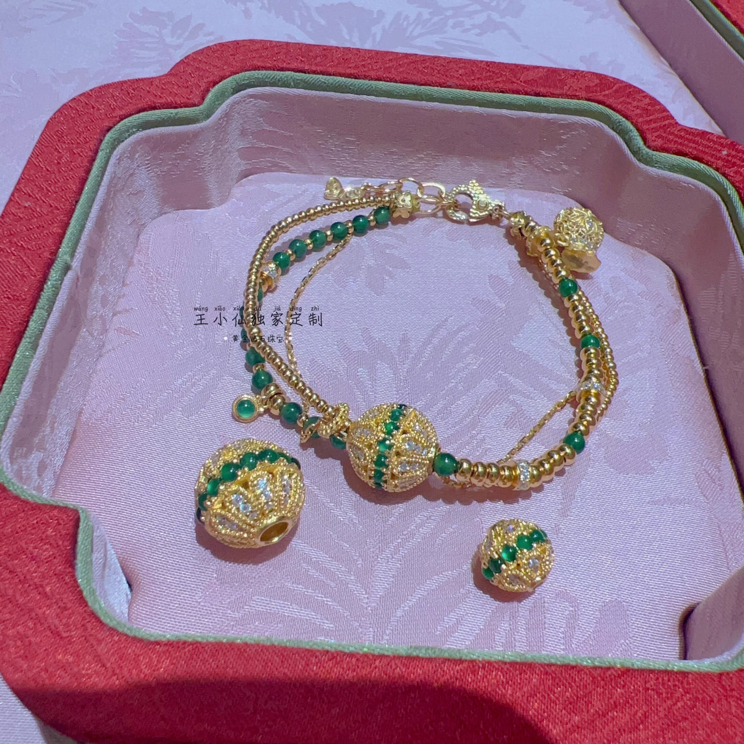 足金古法金点钻工艺莫桑天然翡翠A货危料阳绿蛋面雏菊花朵路路通