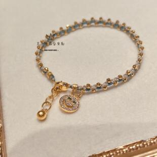 5G工艺镭射蹦迪金珠 莫桑镶嵌微笑笑脸吊坠 手工编绳 马卡龙手链