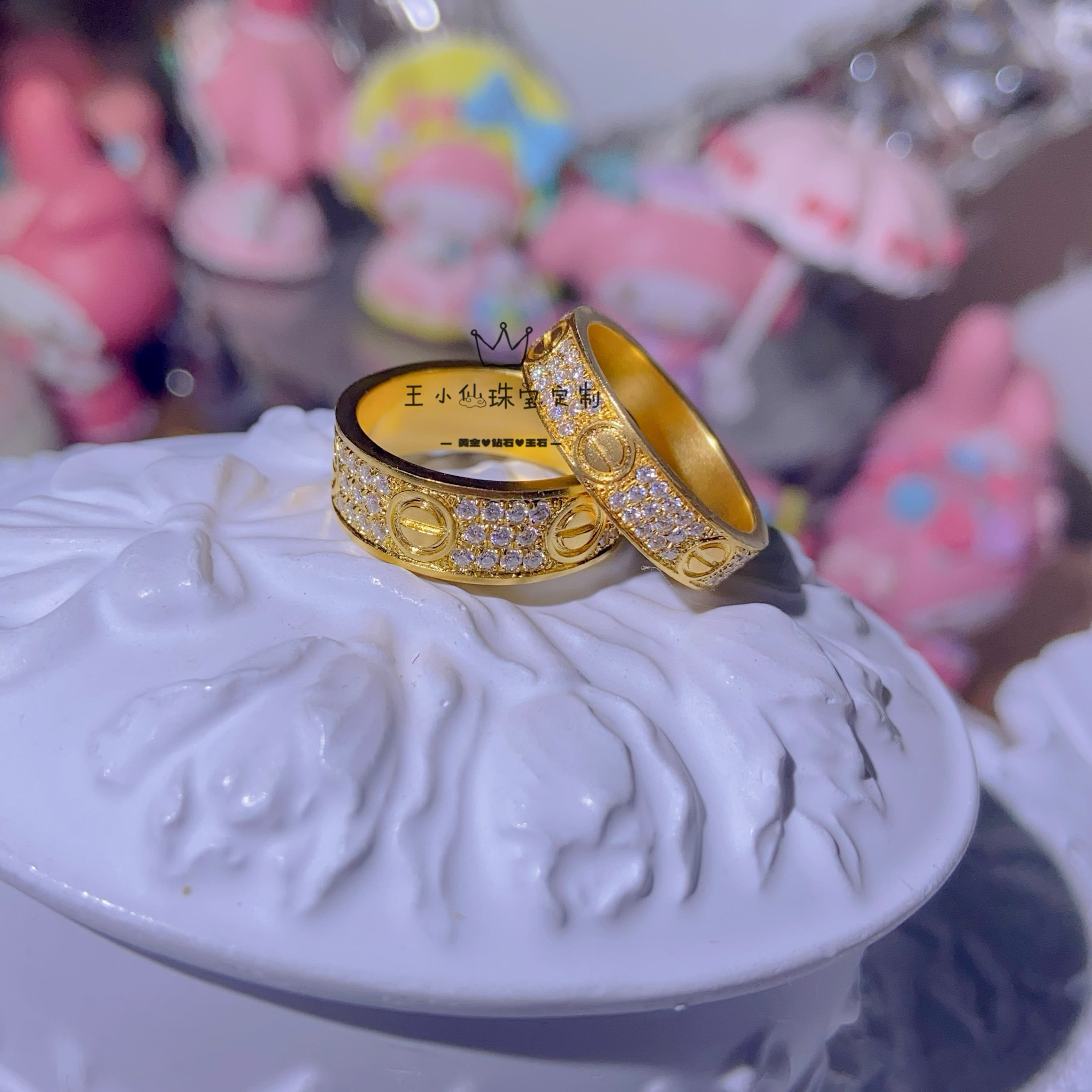 足金手工金点钻工艺莫桑石实心满天星love螺纹戒指女士指环