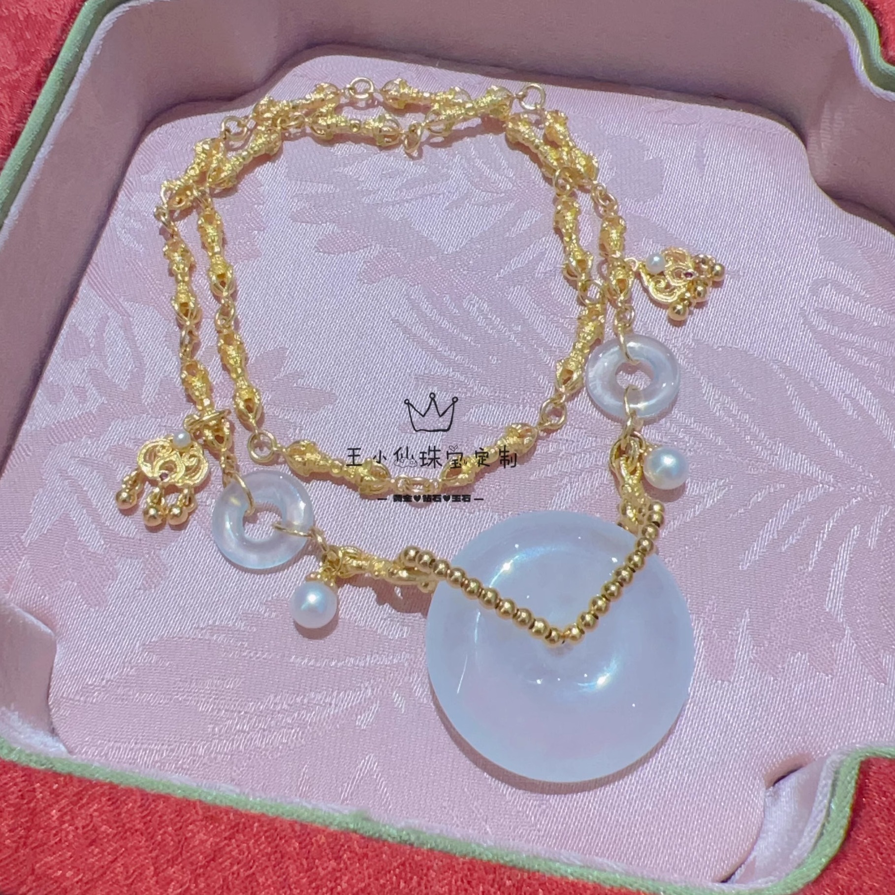 足金999古法金金刚杵节节高项链女天然缅甸白冰翡翠平安扣23mm