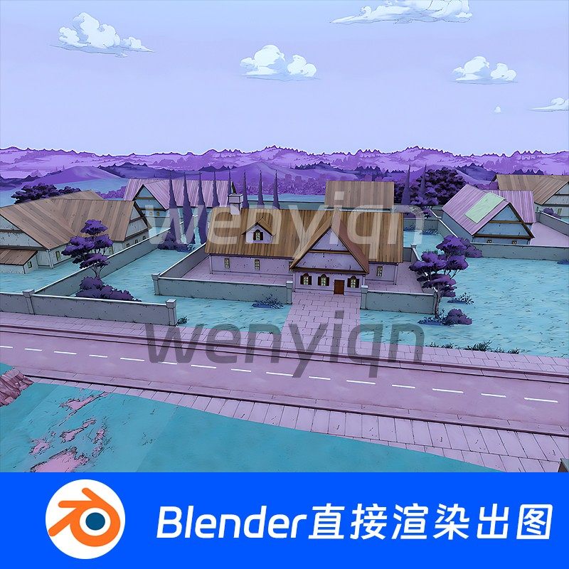 卡通三渲二小镇建筑街道别墅房子Blender场景模型1206