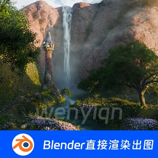 瀑布梦幻写实森林小溪河流树木废弃城堡花园风景Blender场景1898