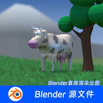 Blender模型低面森林卡通奶牛农场草地风景509