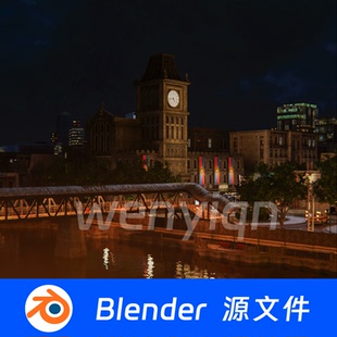钟楼桥梁河流现代复古城市欧式小镇河畔夜晚Blender场景模型2366
