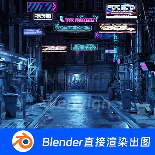 霓虹灯街道街头赛博朋克夜景未来科幻城市Blender模型684