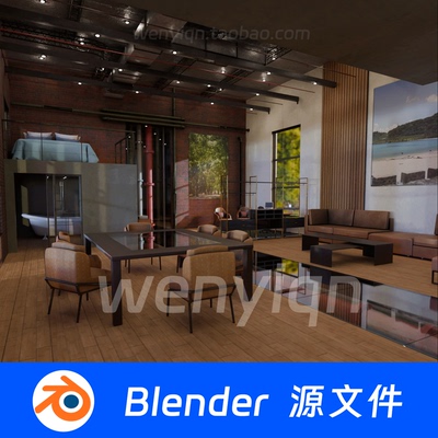 别墅复式酒店室内装修会客厅沙发厨房Blender场景模型2533