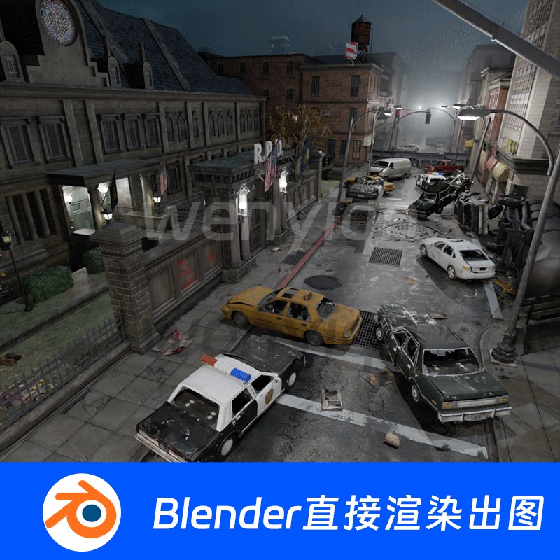 废墟末日废弃城市建筑街道路灯赛博夜晚Blender场景模型1361