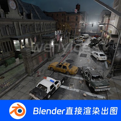 废墟末日废弃城市建筑街道路灯赛博夜晚Blender场景模型1361