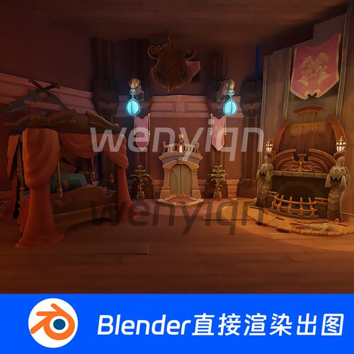 房间城堡魔幻中世纪卡通Q版卧室欧式壁炉木屋小屋Blender模型790