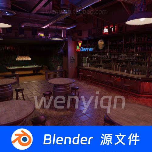 美式复古咖啡厅酒吧西餐厅吧台桌椅Blender场景模型2545