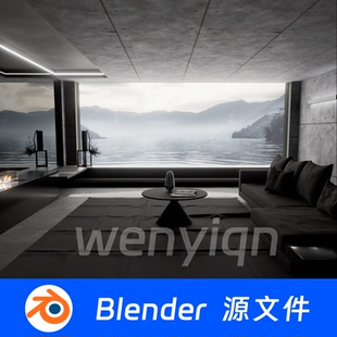 湖景灰色调Blender场景模型2383 豪华别墅落地窗现代风格