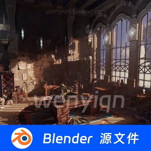 复古书房欧美中世纪房间书架书桌书柜办公室Blender场景模型2535