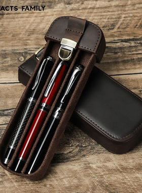 复古疯马牛皮真皮质钢笔收纳盒手工制三支装旅行便携锁扣抽拉包袋