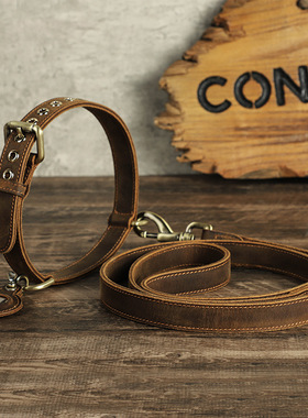 疯马牛皮真皮宠物牵引绳栓狗遛狗链项圈套装airtag保护套定位防丢