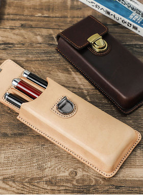 复古全粒面牛皮真皮质可拆卸笔袋3支装手工制学生钢笔收纳盒便携