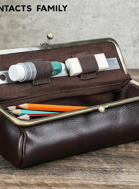复古真皮牛皮质笔袋手工制作大容量铅笔盒便携多功能文具袋收纳盒