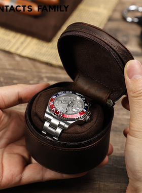 复古疯马牛皮质真皮单只装手表收纳盒袋圆桶形拉链户外旅行便携