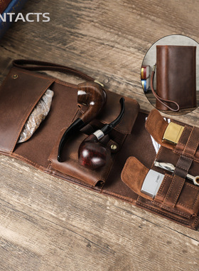 复古疯马牛皮真皮质三折手提手腕带烟具收纳袋随身便携商务烟斗包