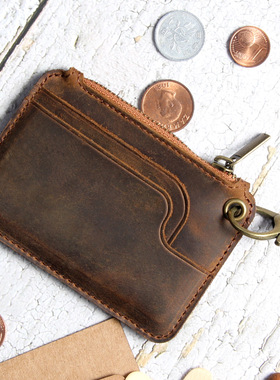 复古真皮牛皮质零钱包小迷你旅行便携拉链钥匙挂包薄款硬币小钱包