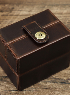 复古疯马皮头层牛皮真皮质手表收纳盒方形旅行便携手工制防摔腕表