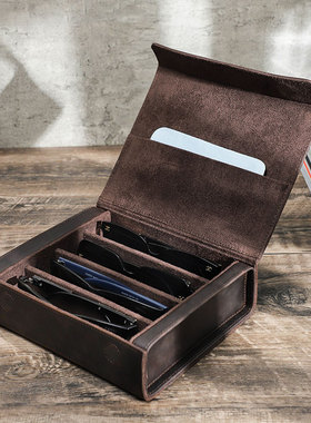 复古疯马牛皮真皮质眼镜收纳盒长方形四只装手工制磁吸扣旅行便携