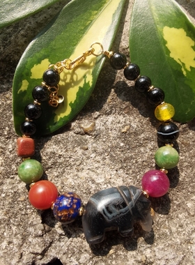 pyu骠系黑色缠丝老玛瑙大象主珠古珠多宝手链手串