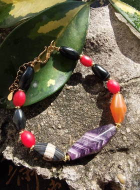 西亚古珠紫水晶多宝款老玛瑙古珠原创设计手链