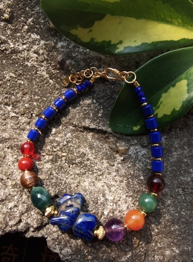 东南亚小兽款青金石老琉璃老玛瑙紫水晶翡翠多宝古珠手串