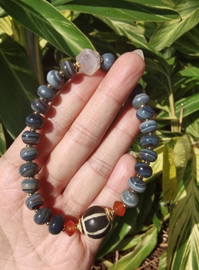 蓝沁缠丝玛瑙老邦提克手串非青蛙皮老琉璃