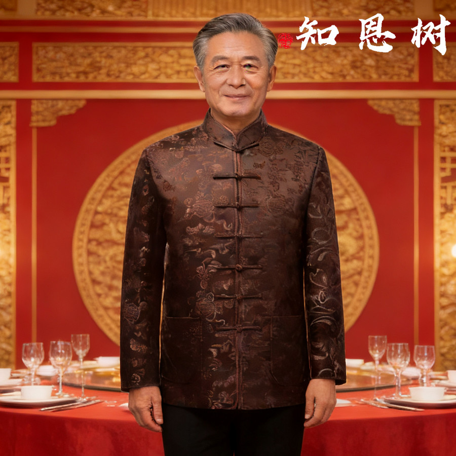 中老年真丝绸缎长袖唐装男士外套棉袄爸爸中式老年人桑蚕丝男装