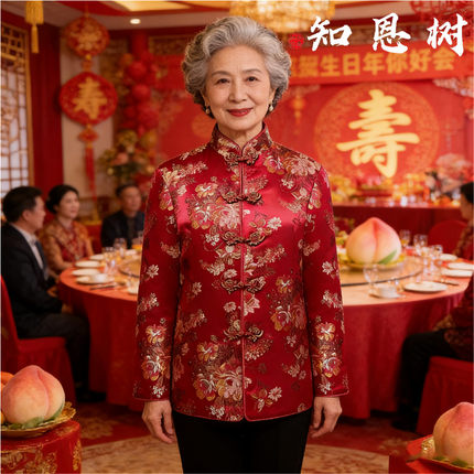 新款老年人国风绸缎唐装女装外套妈妈桑蚕丝中式棉袄上衣红色棉衣
