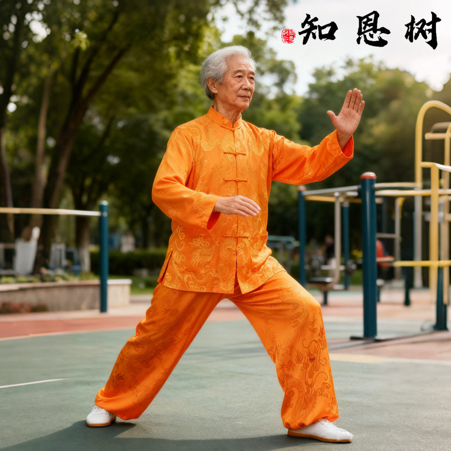 夏季真丝唐装男士套装中老年人中式长袖黄色桑蚕丝中年缎面太极服