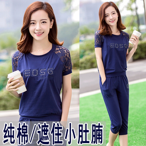运动套装女两件套短袖夏天七分裤休闲35岁夏宽松纯棉妈妈装运动服