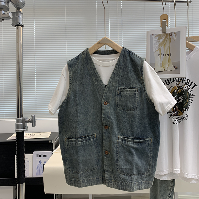 100%棉复古水洗叠穿小外套马甲潮