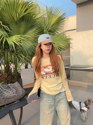 2026早春新款女装长袖T恤女宽松圆领卡通图案经典百搭打底衫上衣