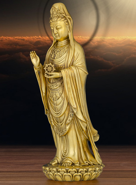 黄铜南海观音菩萨站像普陀山同款立莲观音佛像家用观世音供奉摆件