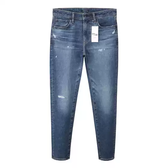 Men's Autumn and Winter Stretchy Vintage Washed Slim Fit Skinny Jeans with Ripped Details, Mid-Rise Blue Denim Pants