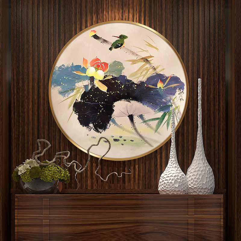 纯手绘油画新中式荷花圆形装饰画入户玄关挂画禅意客厅背景墙壁画图片