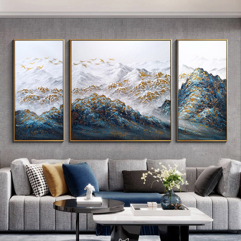手绘油画沙发背景墙新中式装饰画孔雀蓝金山办公室山水画客厅挂画图片