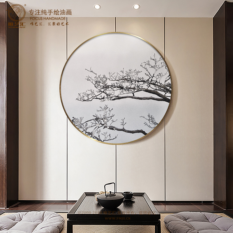 手绘岩砂立体实物3d挂画新中式酒店样板间圆形装饰画茶室禅意壁画图片